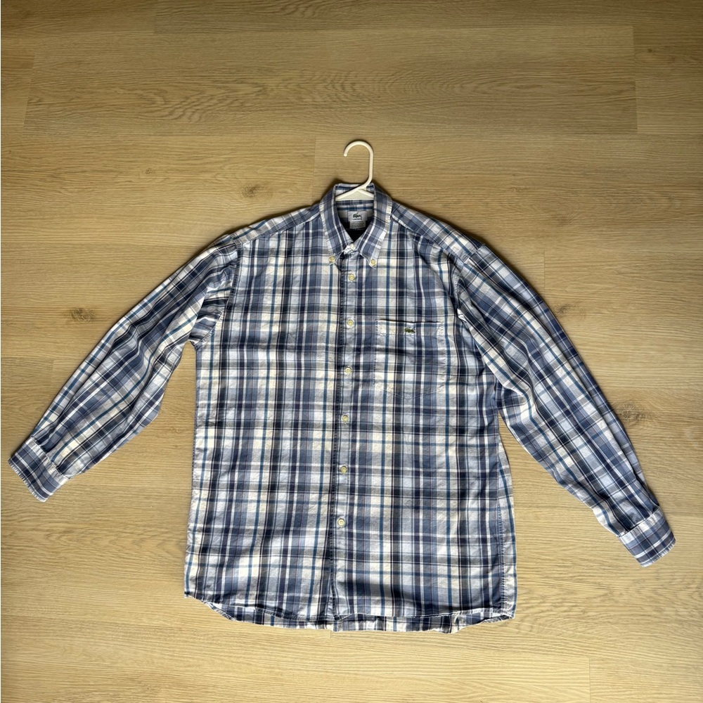 Lacoste Men's Navy and White Plaid Shirt